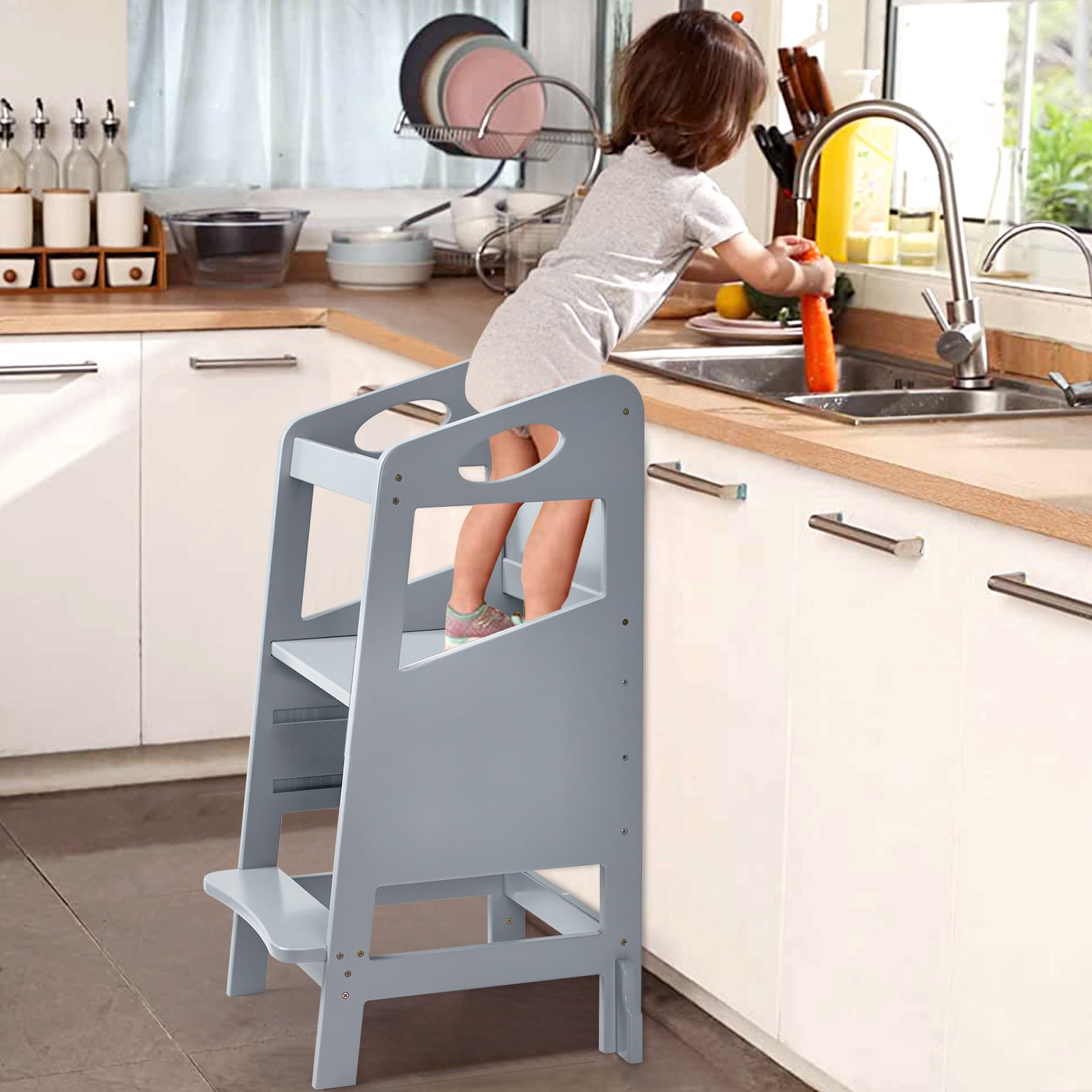 Toddlers Kitchen Step Stool with Safety Rail, Kids Standing Learn Tower