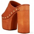 thumbnail image 4 of FSJ Women Open Round Toe Platform Clog Mules Studded Rivet Chunky Wooden Block High Heel Backless Summer Slide Sandals Size 8 Brown, 4 of 4