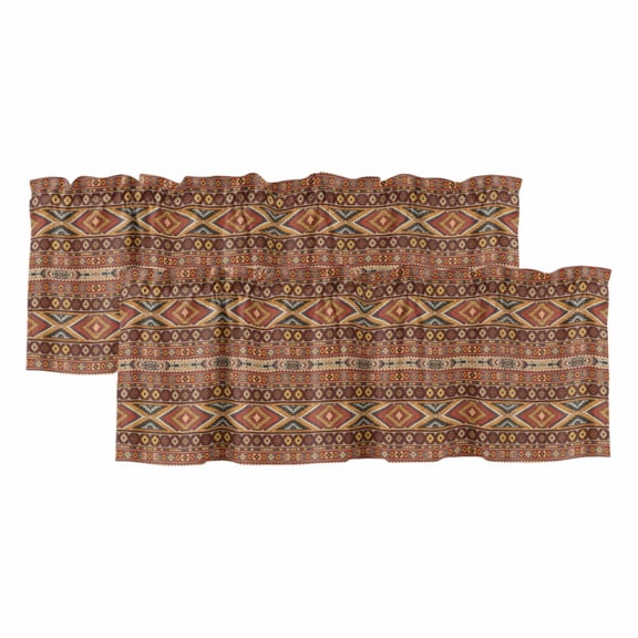 Brown Southwest Aztec Curtain Valances for Windows, Kitchen Valance Window Treatments Panel 2 Pack, Farmhouse Vintage Geometric Rod Pocket Short Curtains for Bathroom Bedroom 60 x 18 Inch
