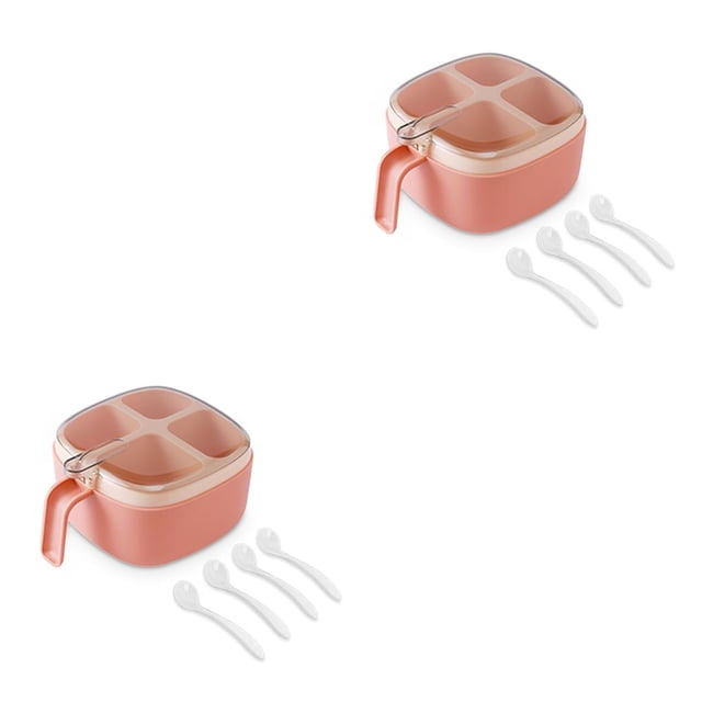 Toystoory Caja de condimentos 4 Rejillas Tarro de plástico con cucharas Pimienta Especias Olla Organizador de almacenamiento Contenedor Cocina Rosa 2piezas