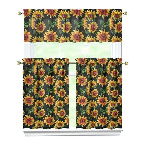 3 PCS Sunflower Kitchen Curtains Set with Valance - Floral Boho Farmhouse Tier Curtains for Windows 54x18   27.5x36 Inch