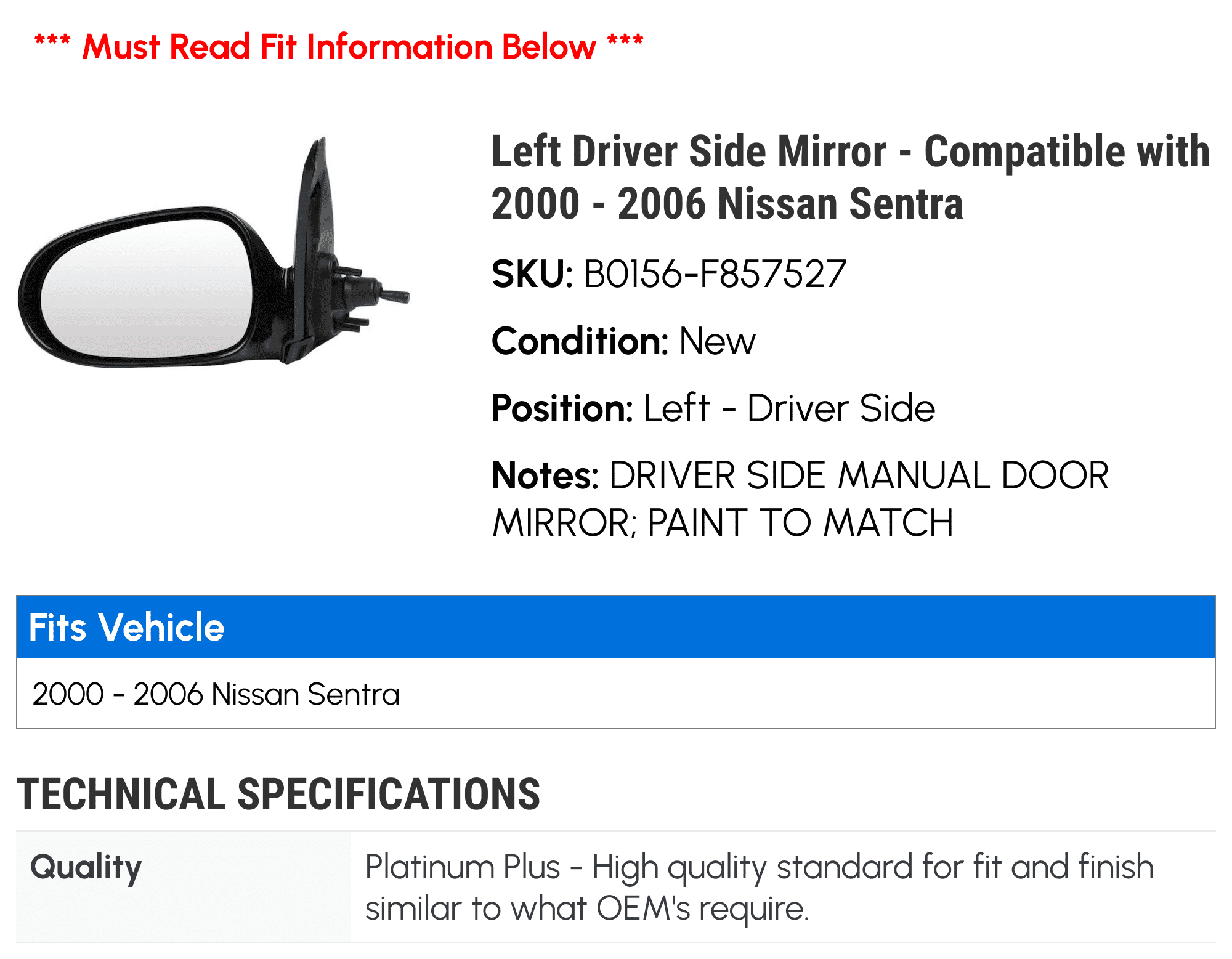 Left Driver Side Mirror - Compatible with 2000 - 2006 Nissan Sentra 2001 2002 2003 2004 2005