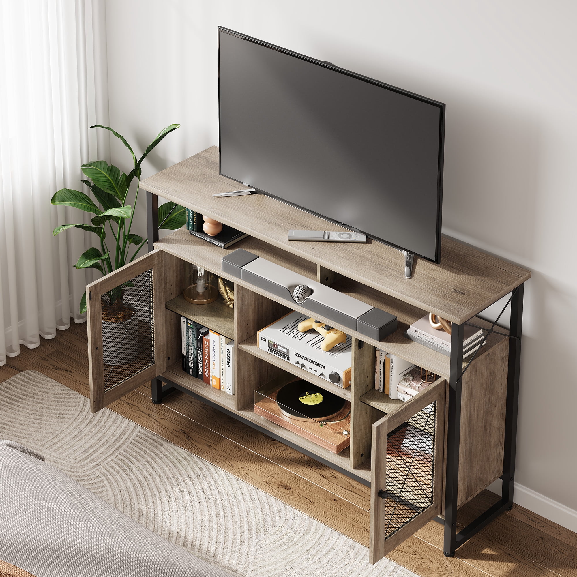 GALAXHERO Tall TV Stand for TVs up to 55", Farmhouse Industrial Entertainment Center with Storage, Media Console for Living Room Bedroom Greige