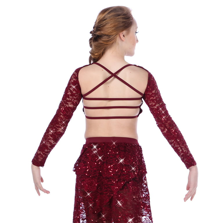 Alexandra Collection Juliette Youth Sequin Long Sleeve Dance Performance  Strappy Bra Top Burgundy 8