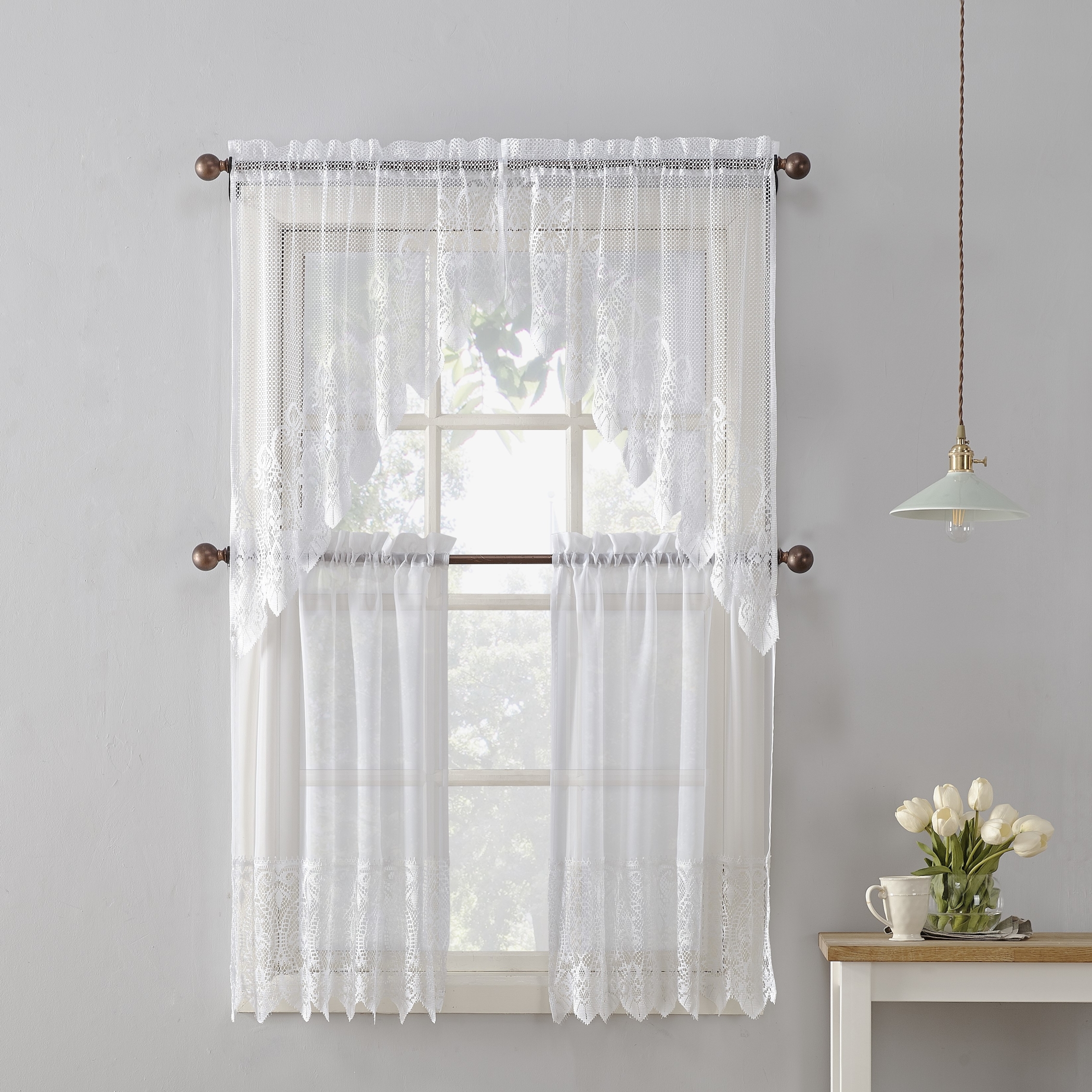 No. 918 Joy Macrame Lace Trim Semi-Sheer 60" x 24"" Rod Pocket Kitchen Curtains, Adult
