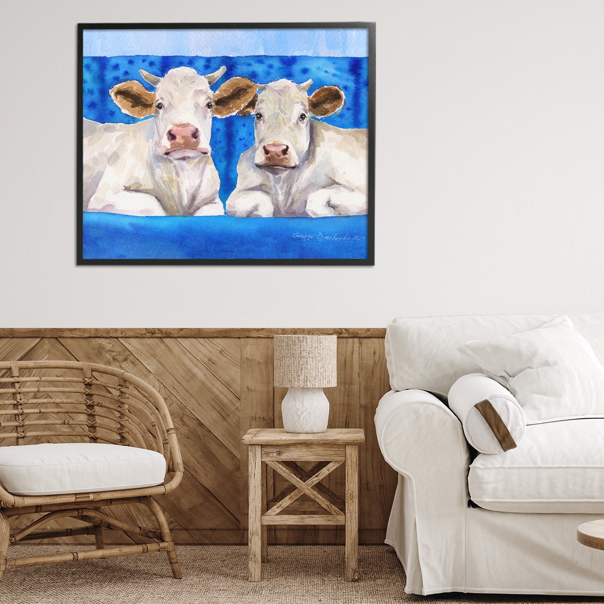 Stupell Industries White Cows on Blue Sofa Black Framed Giclee Art, design by George Dyachenko