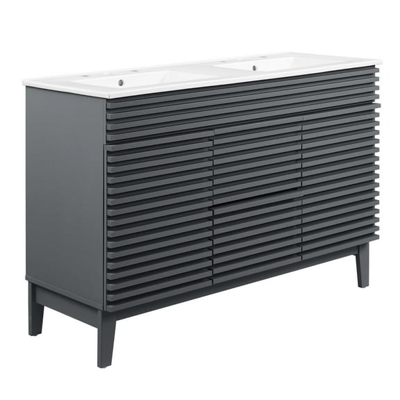 Mid-Century Walnut Grain Double Sink Bathroom Vanity with Ample Storage