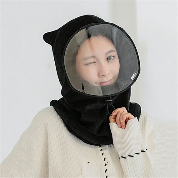 With anti-fog m ask Cute Cat ears Breathable Ski Windproof Anti Dust Face Cover Winter Hedging cap Flannel 2-BLACK