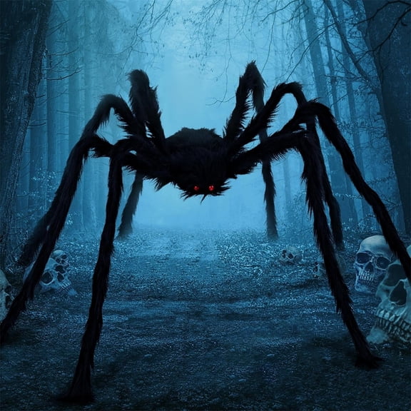 Anvora 3FT Giant Hairy Black Spider Halloween Outdoor Decor, 2Pcs Scary Large Spider Prop with Light Up Red Glowing Eyes for Front Porch, Haunted House, Indoor Outdoor Halloween Party Decorations