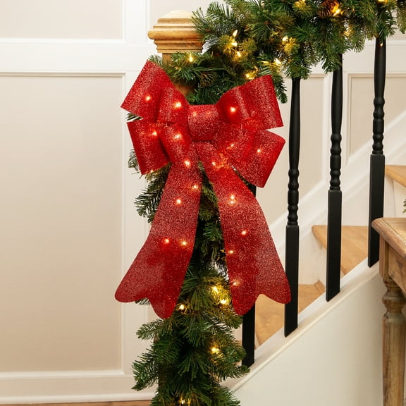 Northlight LED Lighted Tinsel Bow Christmas Decoration - 24" - Red