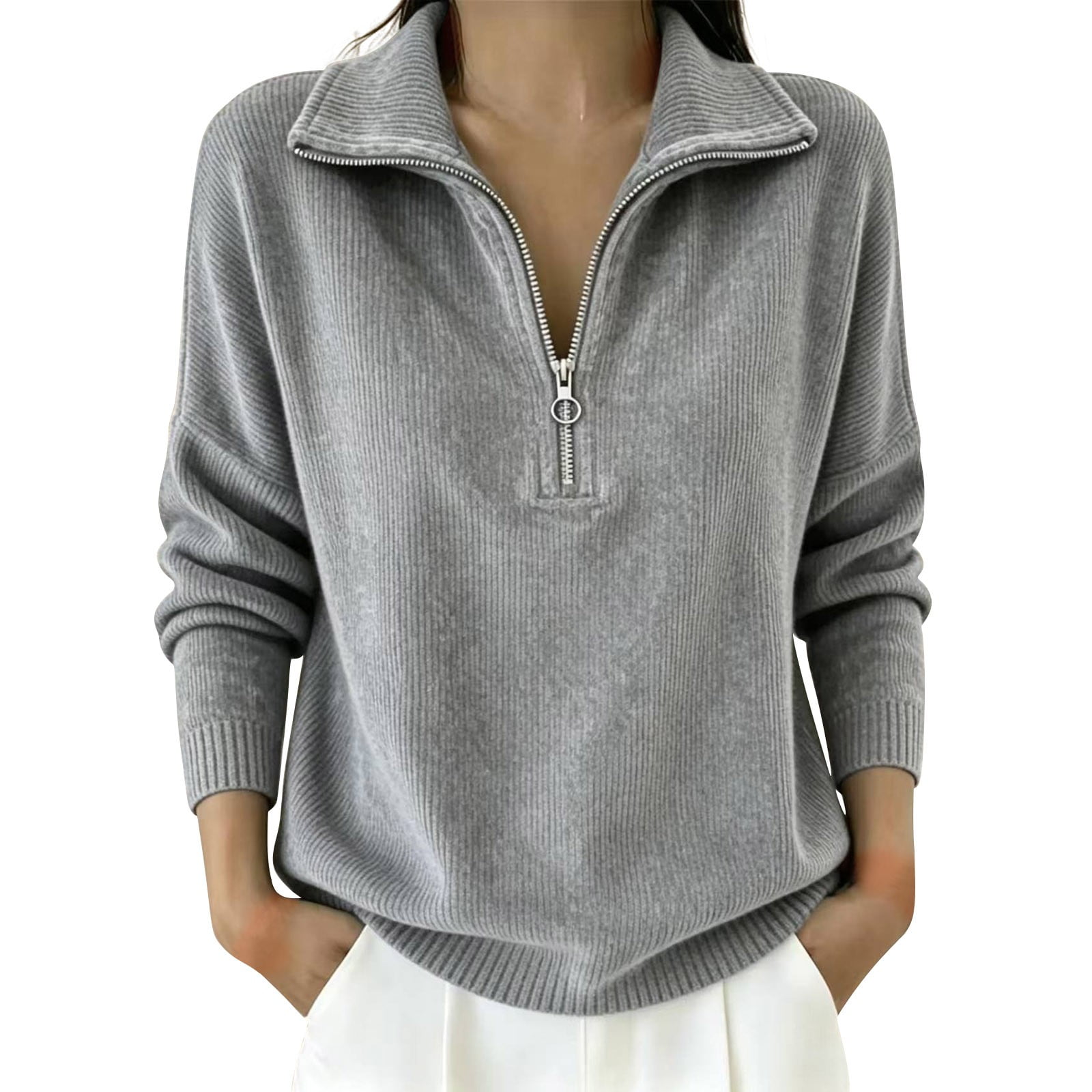 CQXIDFH Women Corduroy Stand Collar Quarter Zip Sweatshirt Long Sleeve Thermal Ribbed Pullover Casual Fall Top 2XL Gray Sweatshirts