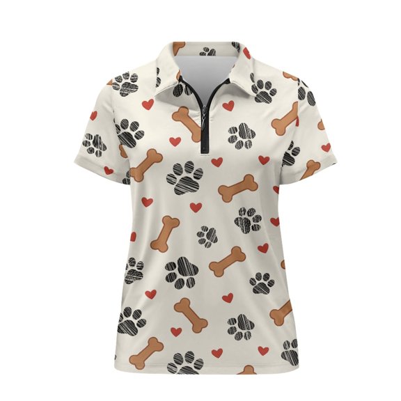 FUIALDOLG Dog Paw Bone Heart Pattern Anti Fade Tennis Shirts for Sport Golf Running, Breathable Golf Polo Tops Stretch Polyester Short Sleeve Golf Shirts for Women