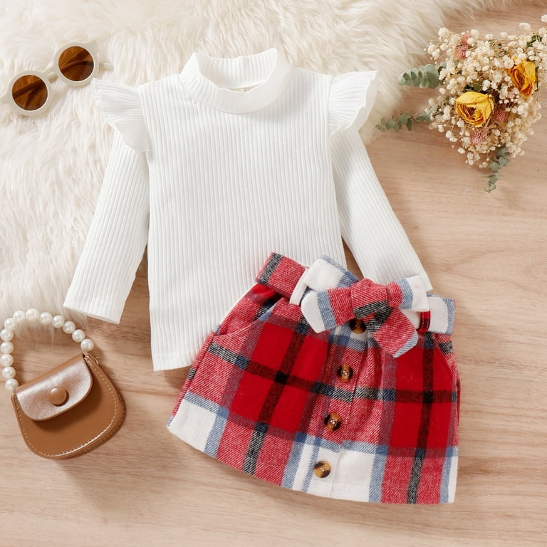 YFPWM Toddler Baby Girl Fall Winter Clothes Kids Cowgirl Western Outfits  Baby Girls Fall Winter Round Neck Blouses Skirt Baby Fashion Two Piece Set  White 3-4 Years 