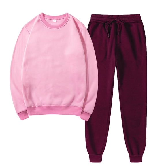 Jacenvly Sweatpants Women Solid Thickened Warm Sportswear Set Crewneck Sweatshirt Elastic Waisted Long Pants Leisure Trendy Fall Winter Suit Pink
