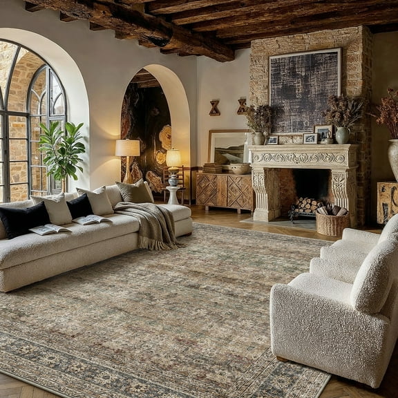 BERTHMEER 5'x7' Vintage Brown Area Rugs for Living Room Bedroom Kitchen Traditional Rugs Non Slip Washable Dorm Office Oriental Dining Room Distressed Throw Rugs