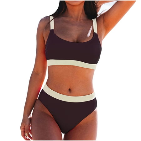 USNSM Women s Two-Piece Ribbed Swimsuit Color Block Patchwork Bikini Top with High Waist Bottom Sexy Crew Neck Bathing Suit Black S