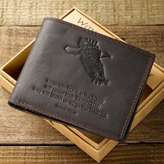 Genuine Leather Wallet for Men Wings Like Eagles – Isaiah 40:31 Bible Verse Quality Classic Brown Leather Bifold Wallet Christian Gifts for Men
