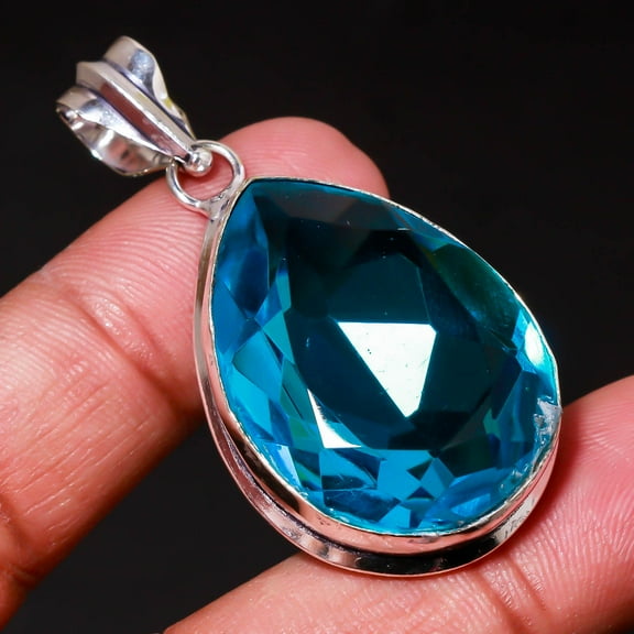 London Blue Topaz Gemstone Pendant Handmade Unique Gift Pear Shape Jewelry 1.90"