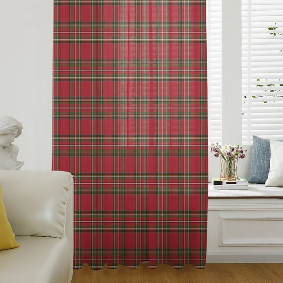 Red Green Checkered Semi Sheer Curtains Drapes for Living Room, Bedroom, French Doors Window 45 Inches Long, Christmas Red and Green Plaid Rod Pocket Chiffon Curtain Drapery Voile Draperies Panel
