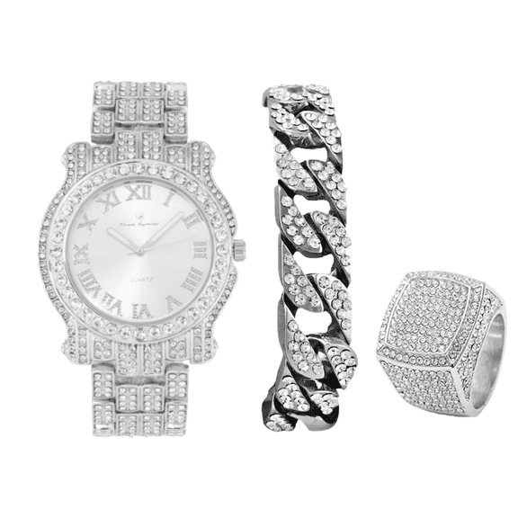 Charles Raymond Bling-ed Out Round Luxury Mens Watch w/Bling-ed Out Cuban Bracelet and Iced King Ring Set - L0504 BR 3pc Set (Shiny-Slvr, 11)