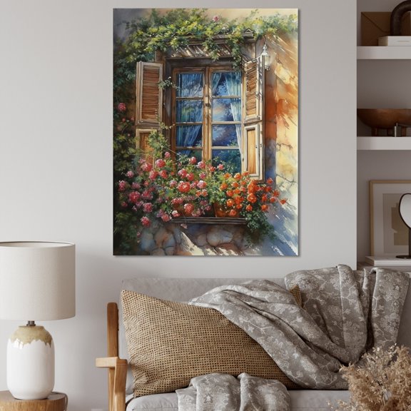 Designart "Green And Pink The Beauty Of Floral Window Views" Farm Door and Windows Canvas Wall Art