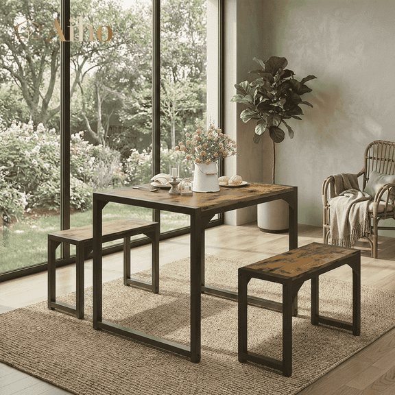 Aiho Dining Table with 2 Benches, 3-Piece Kitchen Table Set for Small Space, Wood Table Top Retro