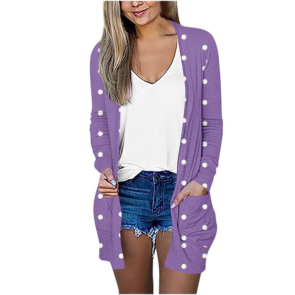 IROINNID Cardigan for Women Open Front Discount Lightweight Long Sleeve Stripe Printed Cardigan Casual Coat Outerwear/ Jacket with Pocket,Purple