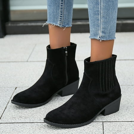 

Fashion Women Flock Solid Color Winter Keep Warm Thick Sole Square Heels Zipper Short Booties Round Toe Shoes