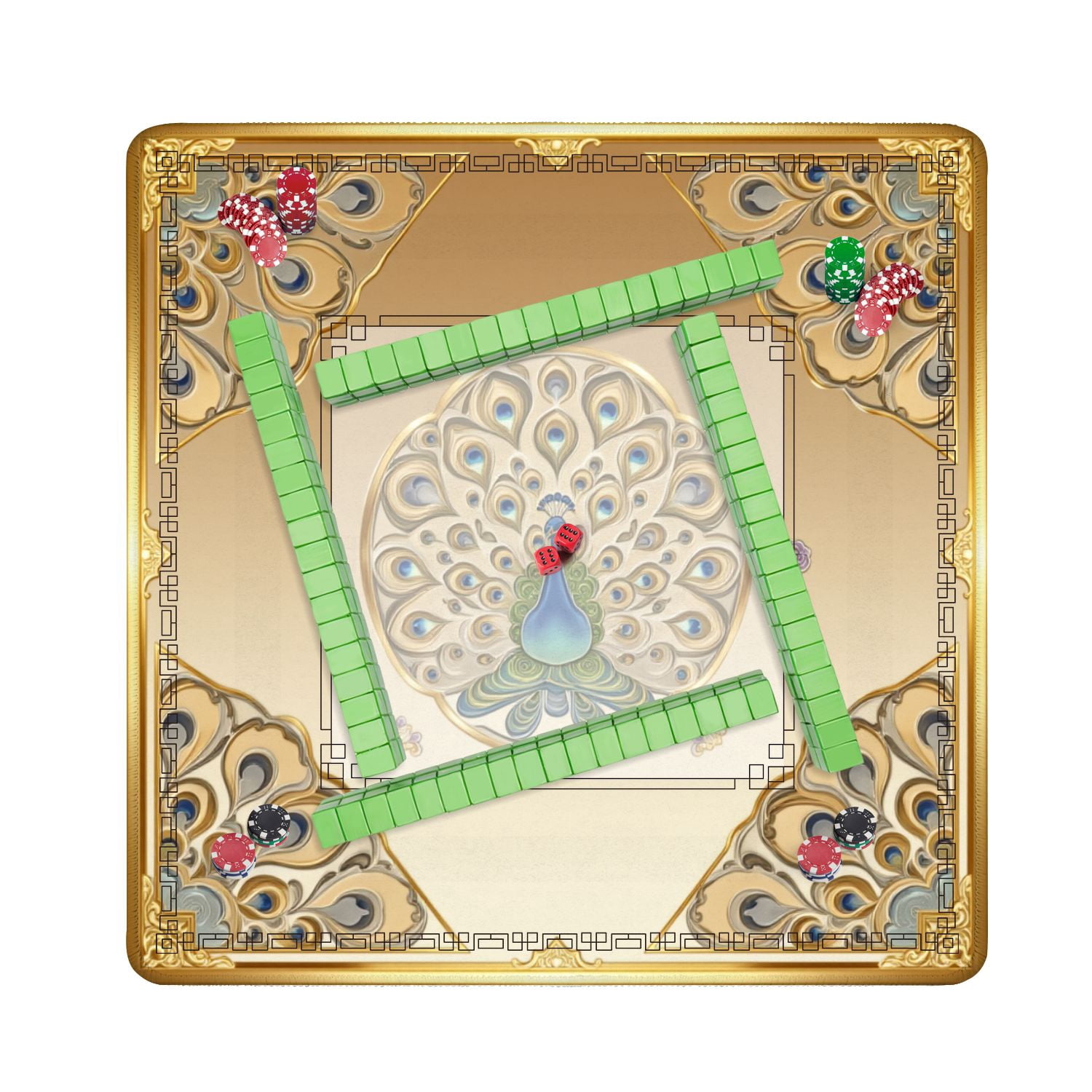 Mahjong Mat 31.5" x 31.5" Ornate Peacock Gold Embellished Feathers Decorative Floral Corners Non-Slip Noise Reduction American Mahjong Tiles Table Cover for Dominoes Poker Card Board Games Gift