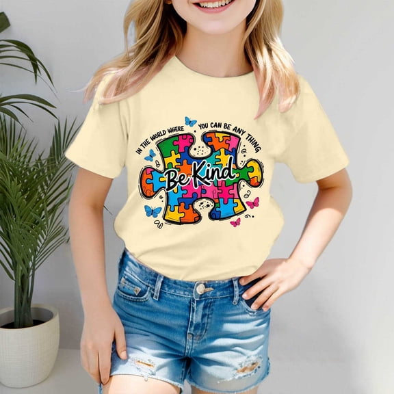 Girls T Shirts Autism Awareness Short Sleeve Ribbed Casual Tee Girls Clothes Beige 3-4 Years