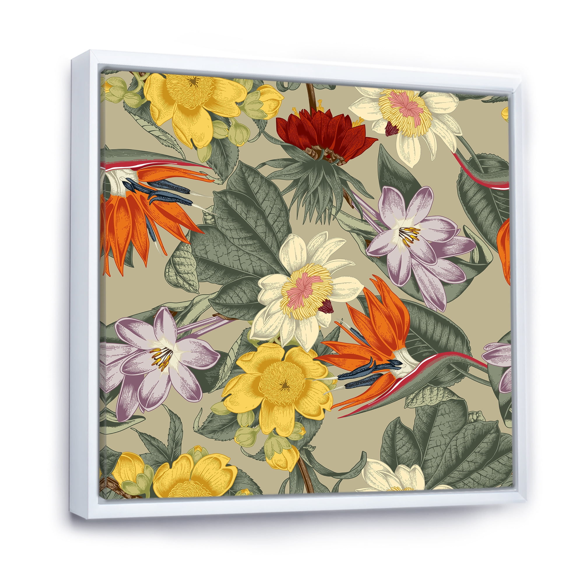 Ancient Exotic Flowers In Orange and Yellow 30 in x 30 in Framed Painting Canvas Art Print, by Designart