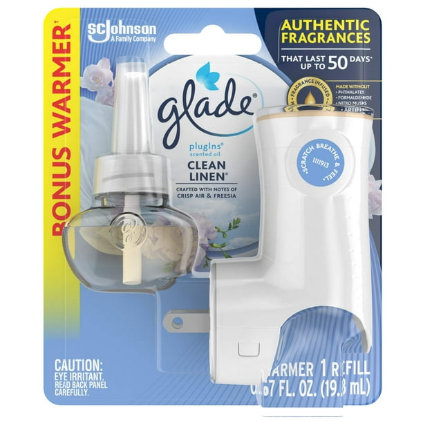 Glade PlugIns Recambios Ambientador Starter Kit Aceite Perfumado para Hogar y Baño Lino Limpio 0.67 Fl Oz 1 Calentador + 1 Recambio