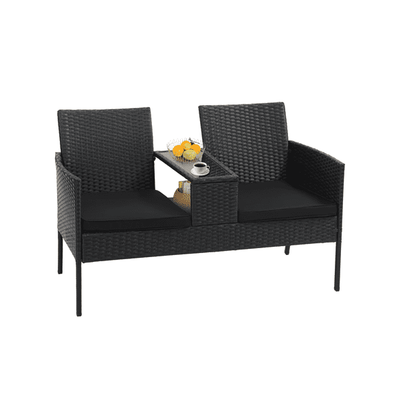 TUAREX 2-Seater Patio Set, Outdoor Rattan Loveseat Sofa with Center Table, Waterproof Cushion Covers, All-Weather Wicker, Perfect for Small Spaces, Black Rattan with Black Cushion