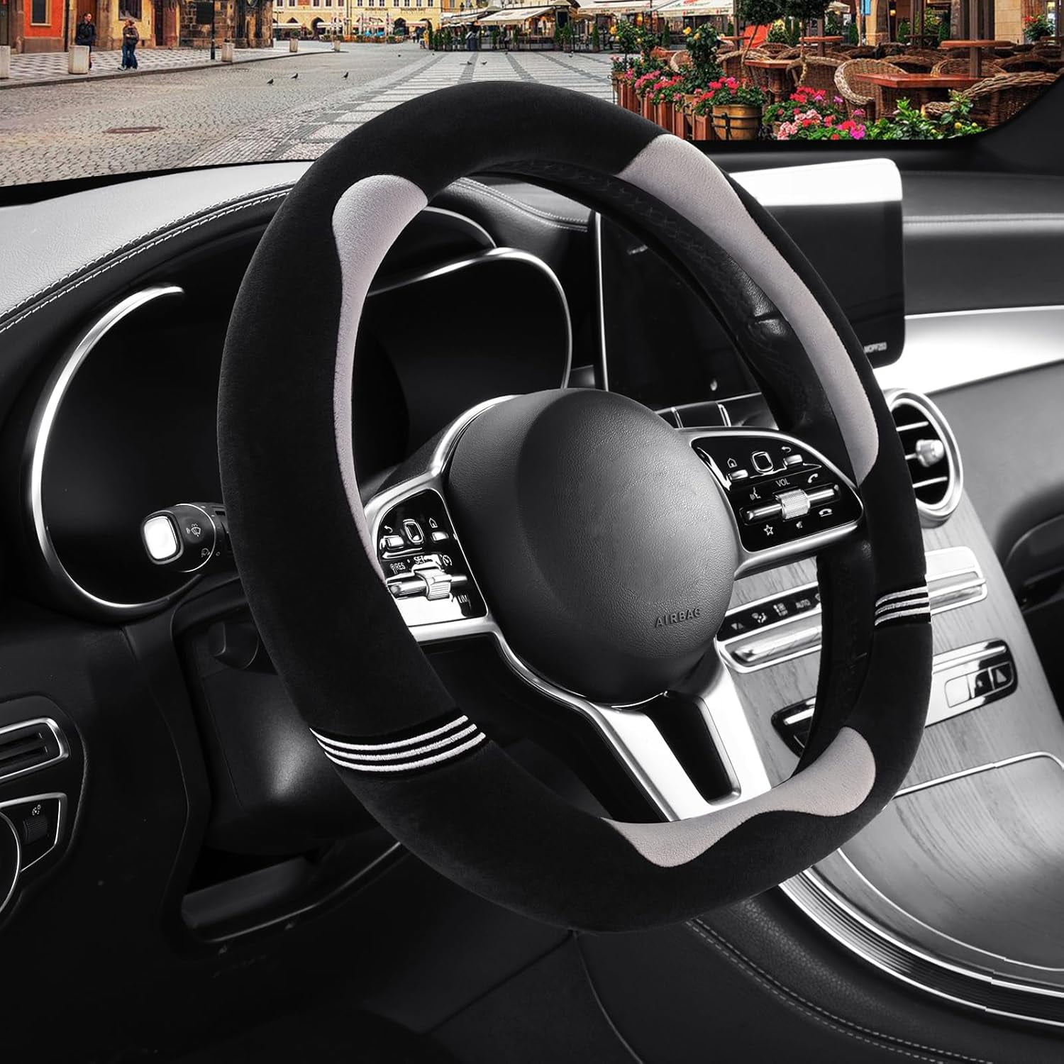 Furry Cute D Shaped Steering Wheel Cover, Soft Fluffy Short Plush Auto Accessories, Non-Slip Cold-Proof Sweat-Proof Colorfast, Universal 15 inch(Black with Gray)