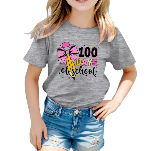 TZEWGL Tees For Girl Boy Solid Color Letter Printed Round Neck Short Sleeved Blouse For Toddlers size 6-7T