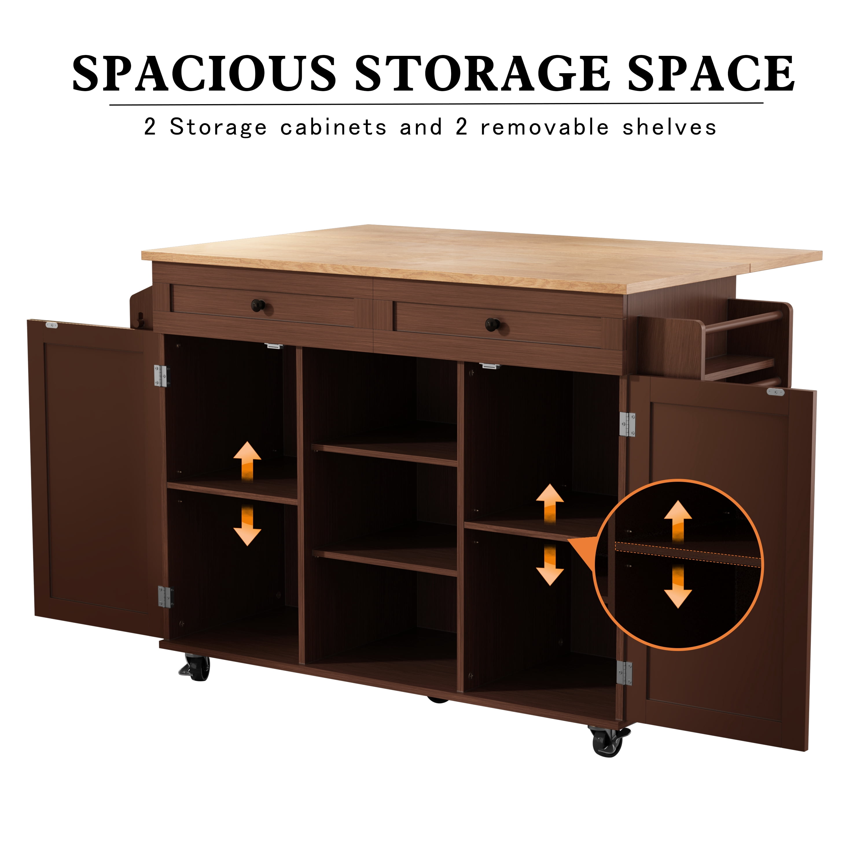 HLR 51.7" W Rolling Kitchen Island on Wheels, Adjustable Shelves, Breakfast Bar with Storage, Brown