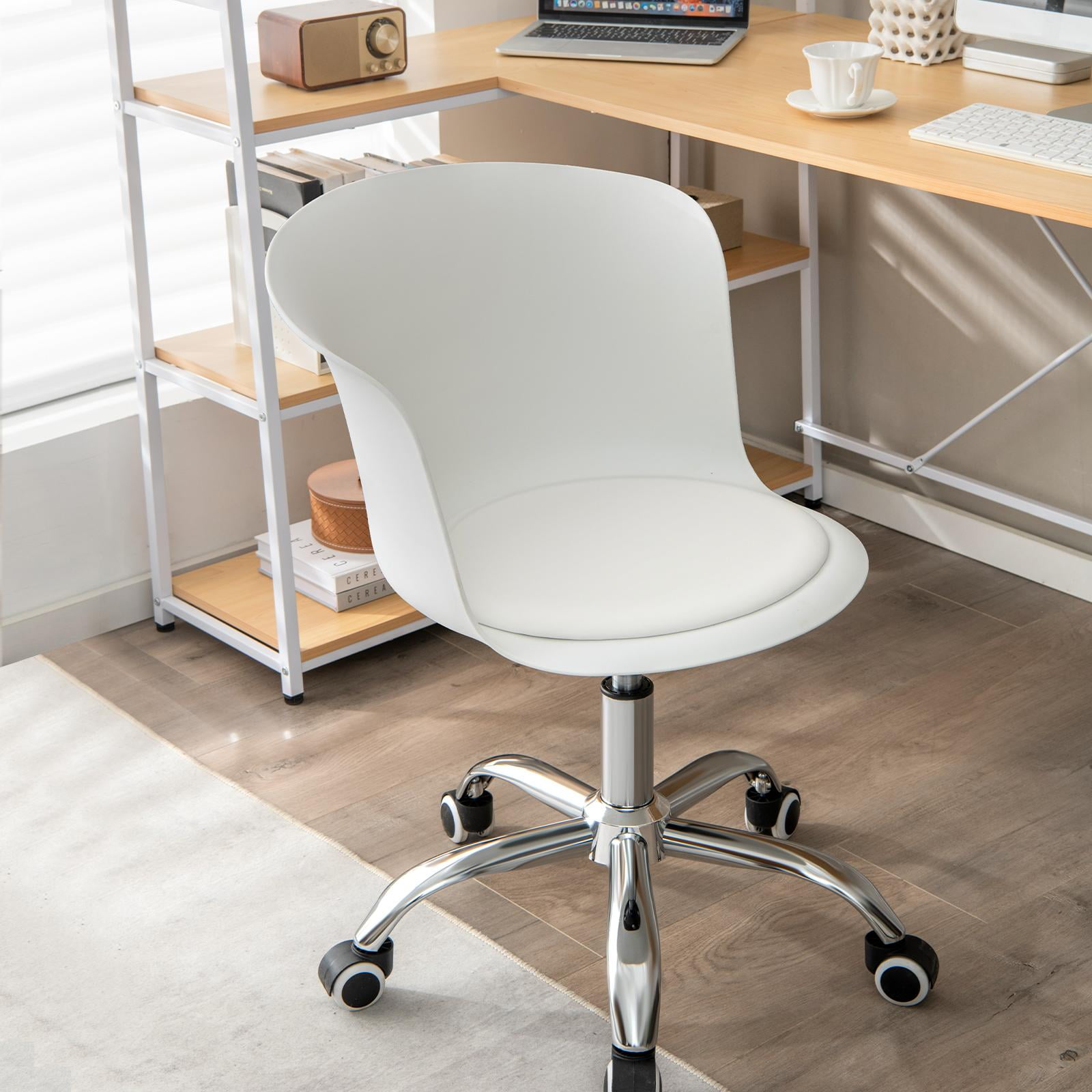Giantex Giantex Home Office Desk Chair Armless Plastic Swivel Rolling Task Chair w Soft PU Leather Cushion Universal Casters White
