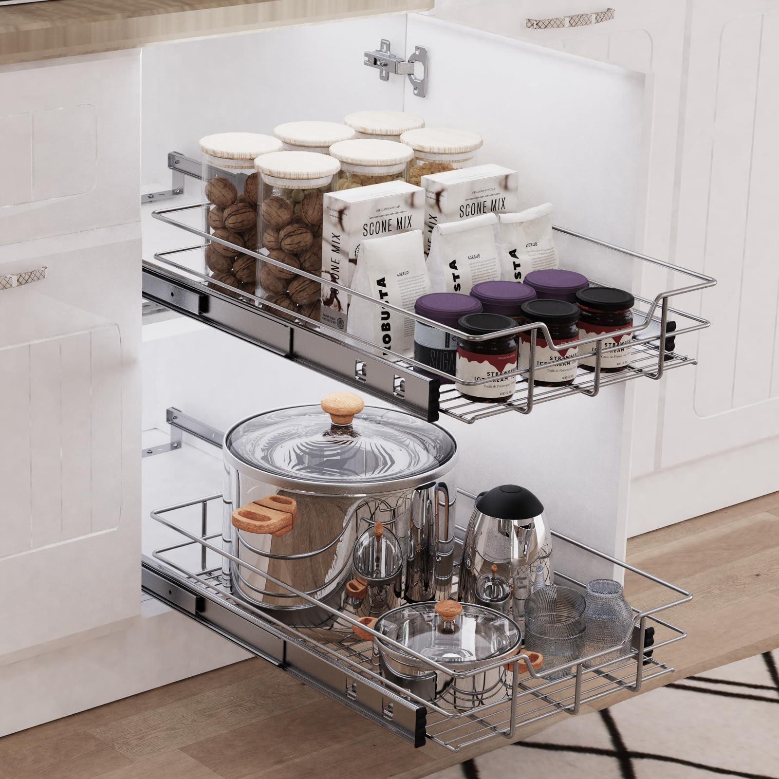 Storking Pull Out Cabinet Organizer 20" W X 22" D, Slide Out Drawers for Kitchen Organizers and Storage, Capacity Heavy Duty Caddy, Shelves Chrome-Plated, Pantry