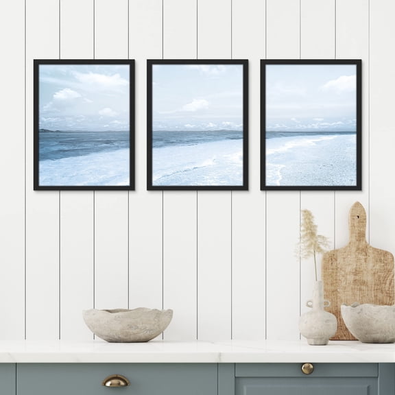 PixonSign Framed Canvas Print Wall Art Set - Wide Angle Blue Beach Shore Ocean Landscape Art - Set of 3 Sea Wave Horizon Photography Wall Décor for Living Room - 12"x16" Black