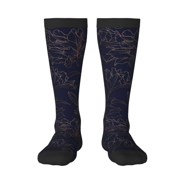 Fotbe Copper-Gold Gloss Outline Flower1 Calcetas Divertidas Estampadas para Hombre y Mujer, Calcetas de Algodón hasta la Rodilla para Caminar, Correr, Enfermería y Embarazo