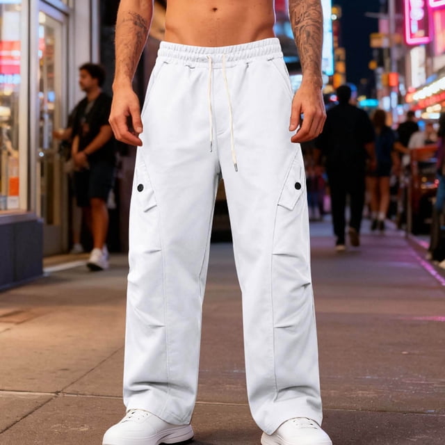 Ceisia Men Solid Color Loose Casual Pants Elastic Waist Drawstring Sports Gift Work Trousers