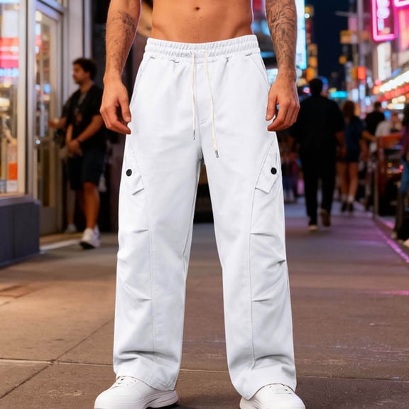 DPTALR Men's Solid Color Wide-Leg Workwear Sweatpants Elastic Waist,White,Size L