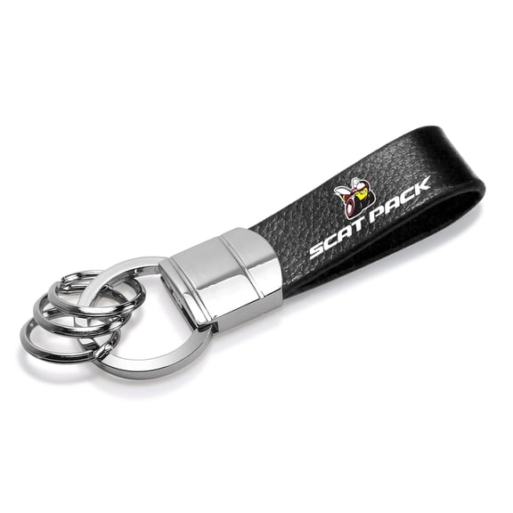 Dodge Scat-Pack Black Real Leather Strap Chrome Round Hook Metal Key Chain