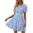 thumbnail image 2 of Square Neck Womens Boho Floral Smocked Short Sleeve Ruffle Beach Summer Mini Dress, 2 of 7
