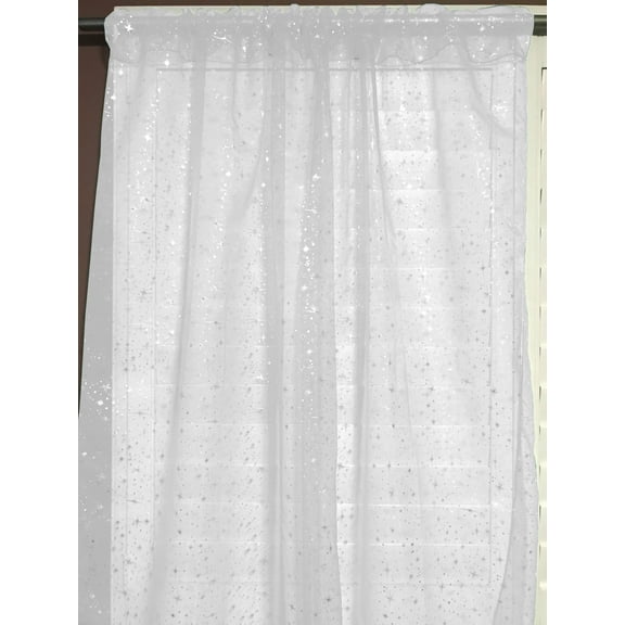 Silver Stars on Sheer Tinted Organza Solid Single Curtain Panel 58 Inch Wide White