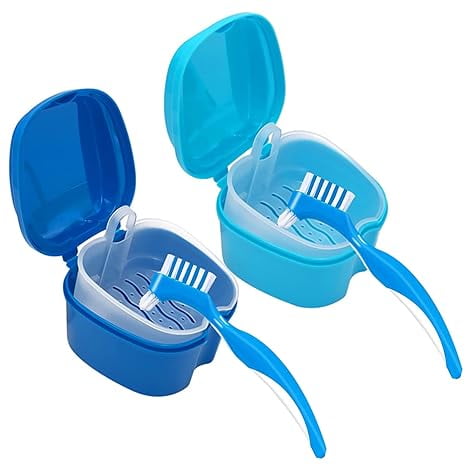 Denture Cleaner Box And Brush Set - 2 Pack Denture Bath Case With Basket 2 Pack Denture Brushes, Portable Denture Retainer Storage Box, False Teeth Brushes For Oral Care