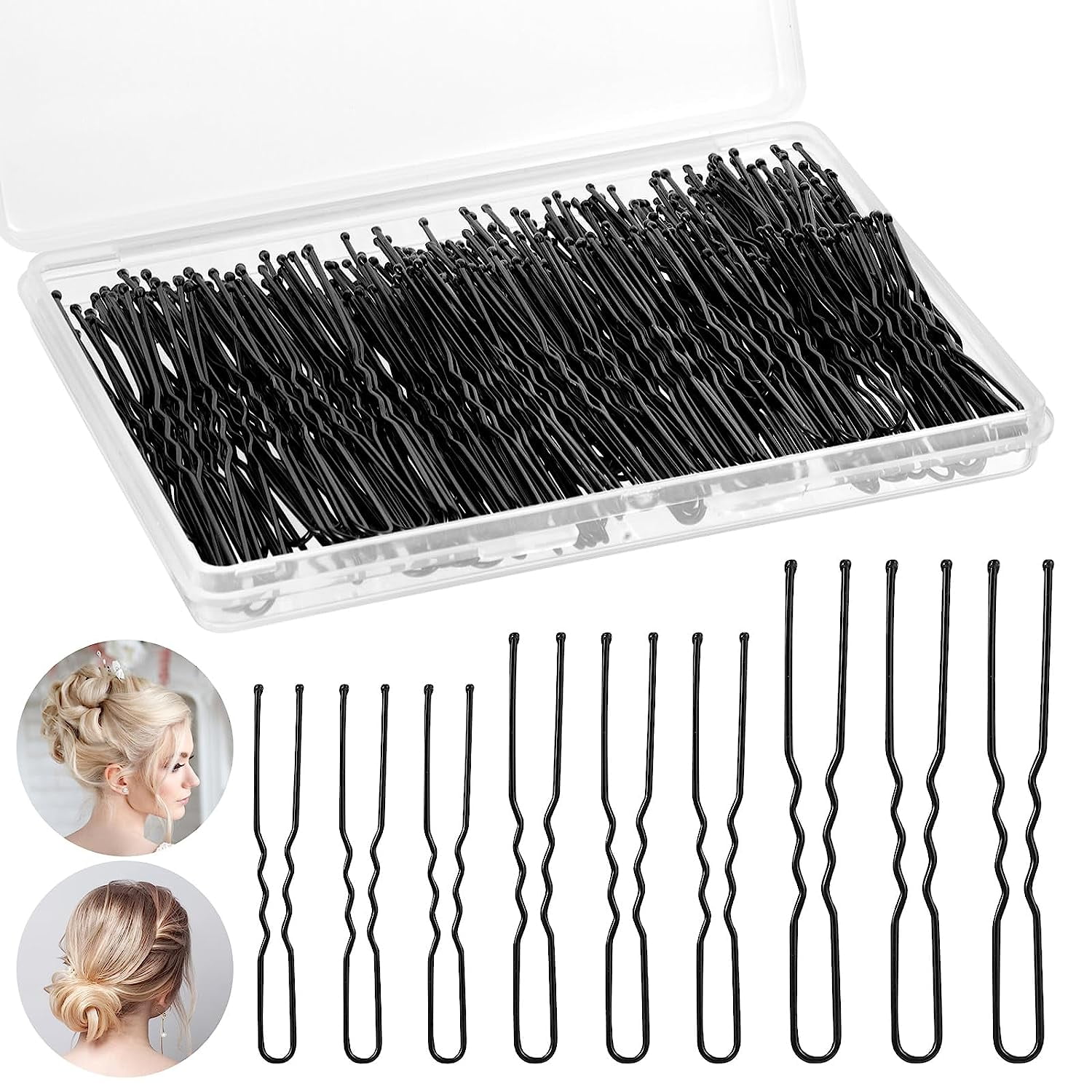 U Shaped Hair Pins Black, 200 Count Assorted Size Metal Bun Pins with