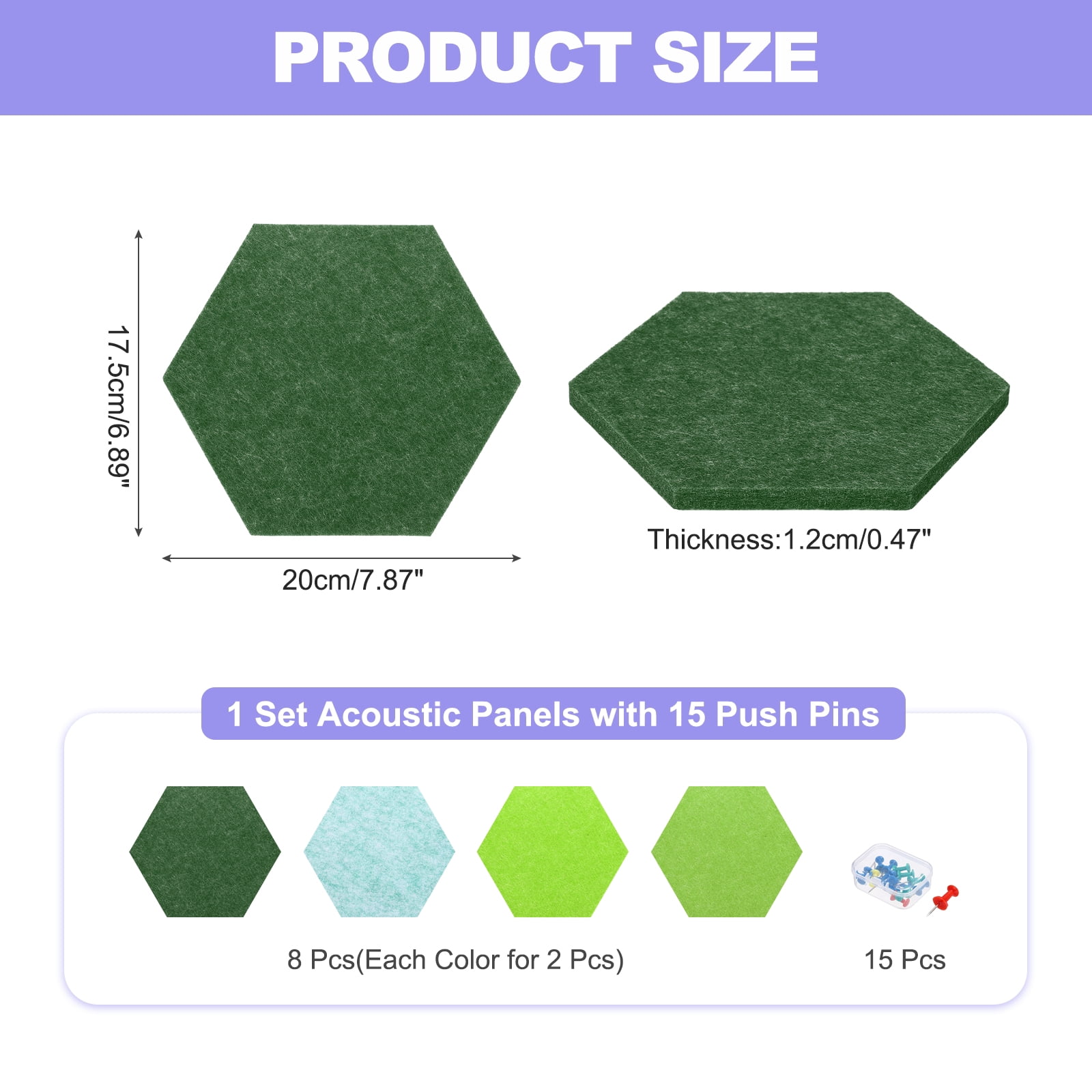 Uxcell 8 Pcs Hexagon B1 Acoustic Panels with Push Pins 7.87'' x 6.89'' Light Green Dark Green Fruit Green Green