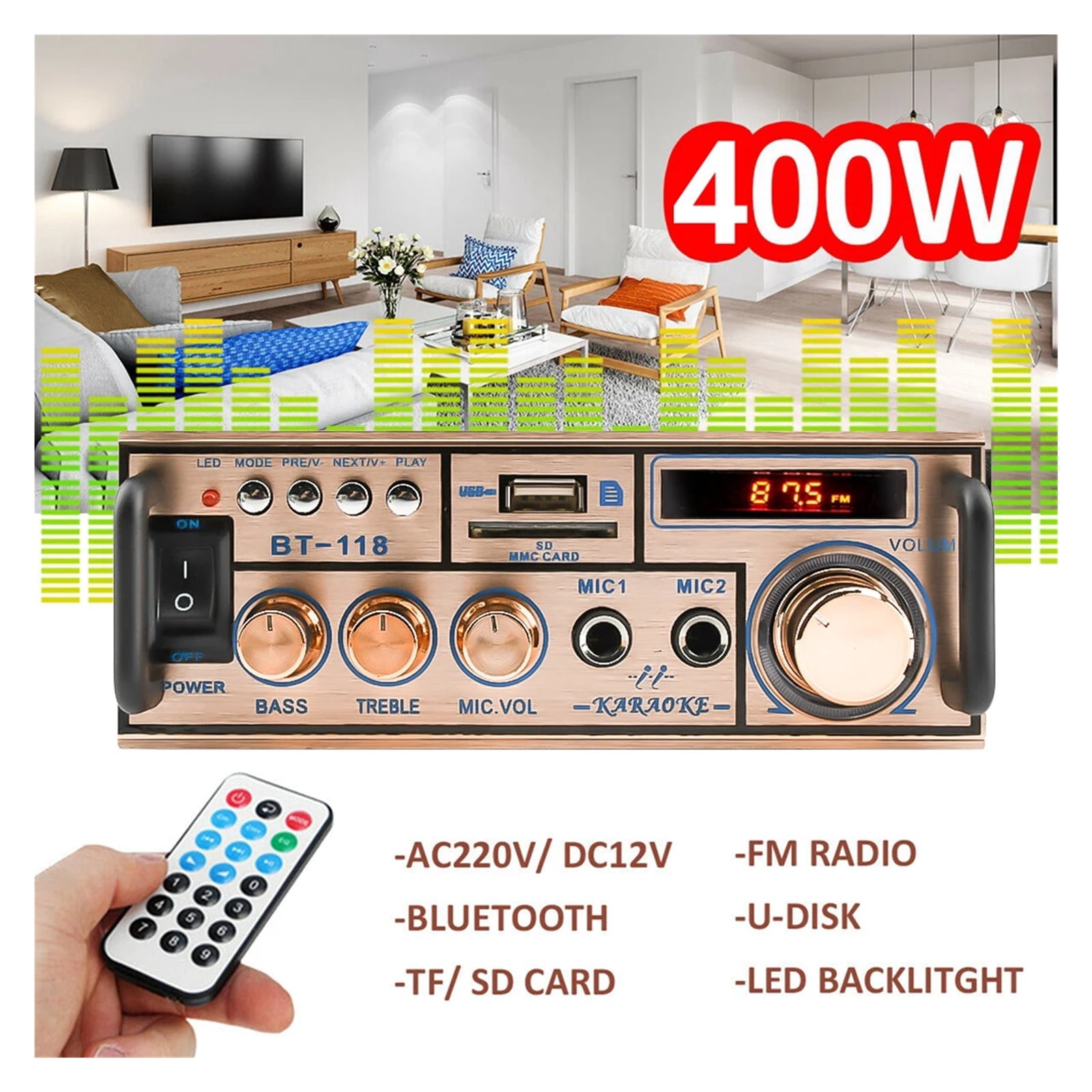 MiNI HIFI LCD Digital Bluetooth Power Amplifier Car Bass Home Theater Amplificador Speaker Treble Control FM USB SD 400W