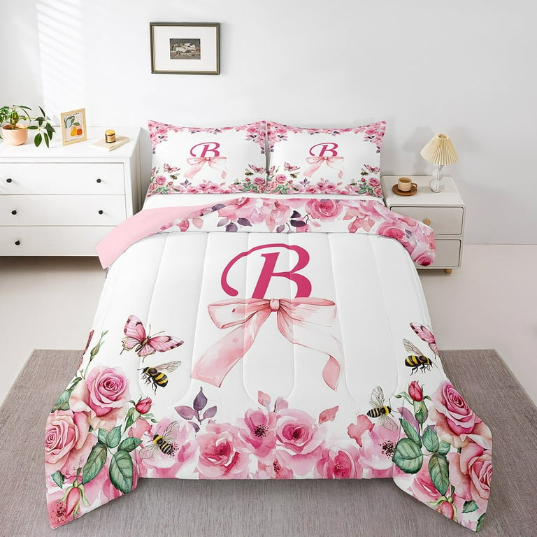 Initial A-Z Comforter Set Twin,Initial Letter B Bedding Set,Floral